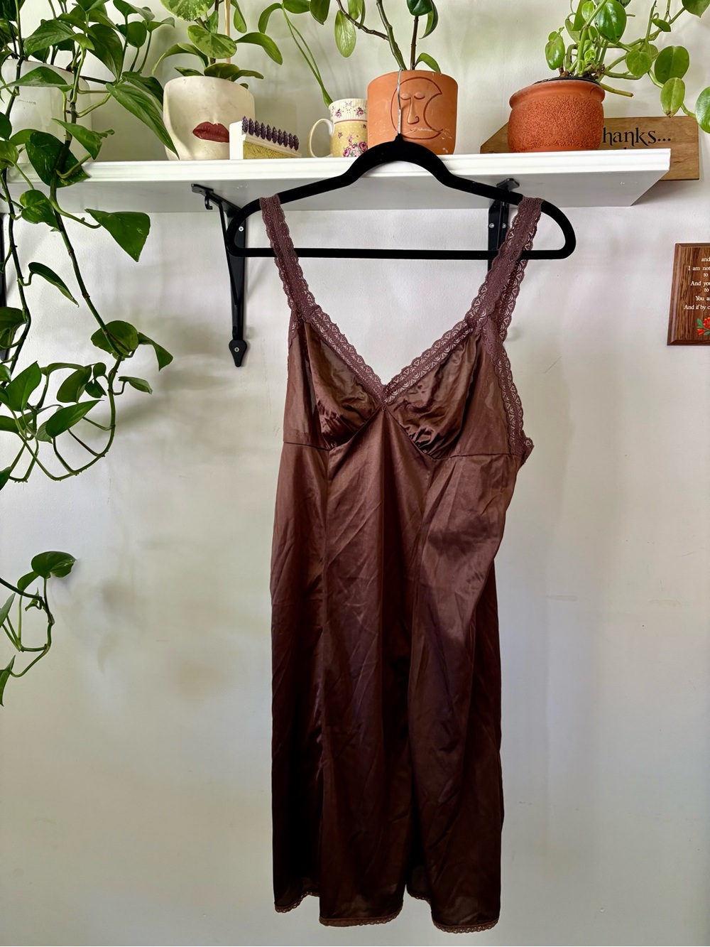Silky Lace-Trim Slip Dress in Brown